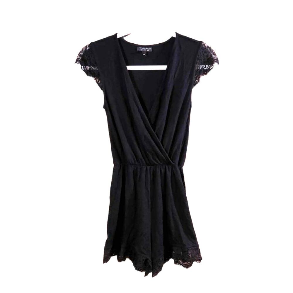 Topshop Black Jersey Knit Short Sleeve Faux Wrap Romper Lace Trim Women's US 2